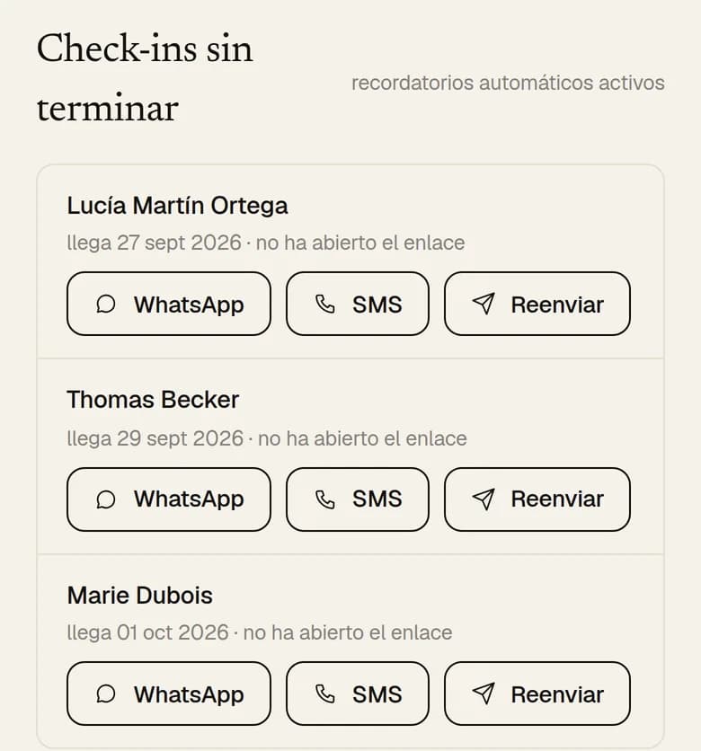 Panel de Mellom en el móvil: tres check-ins sin terminar, cada uno con botones de WhatsApp, SMS y reenviar